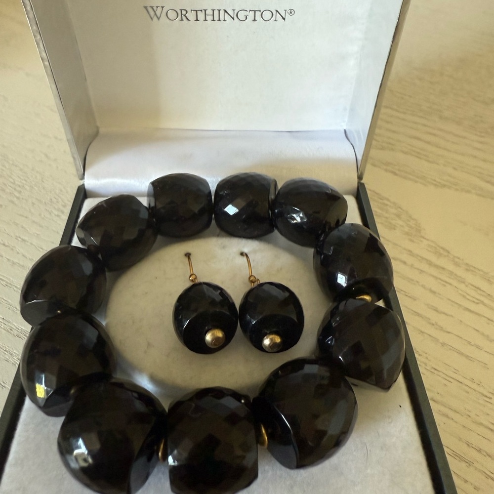 🖤 Worthington Black Faceted Bead Bracelet & Earring Set — Original Box